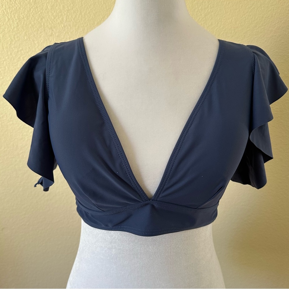 Soucrat Women’s V-Neck Ruffle Swim Top Blue Size M NWT